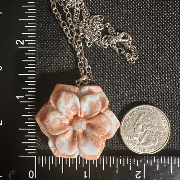 Pink Agate (“Cotton Candy Agate”) Flower Pendant on Stainless Steel Chain - Picture 13 of 14